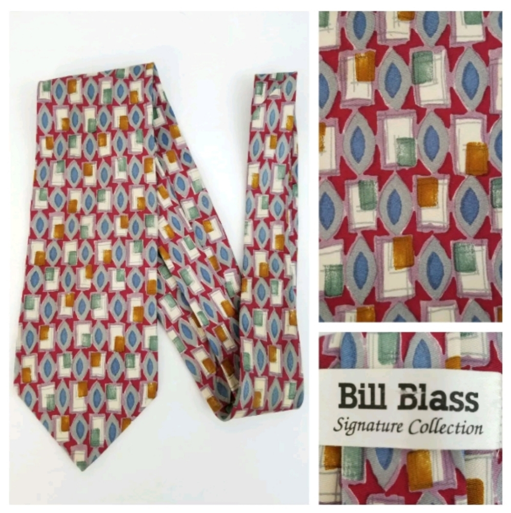 Bill Blass 100% Silk Tie Necktie Red Blue Mustard